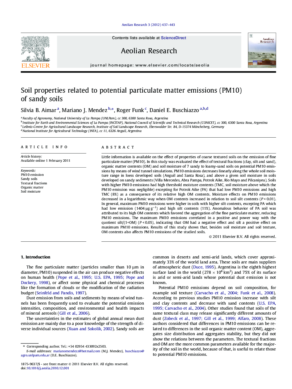 Soil properties related to potential particulate matter emissions (PM10) of sandy soils