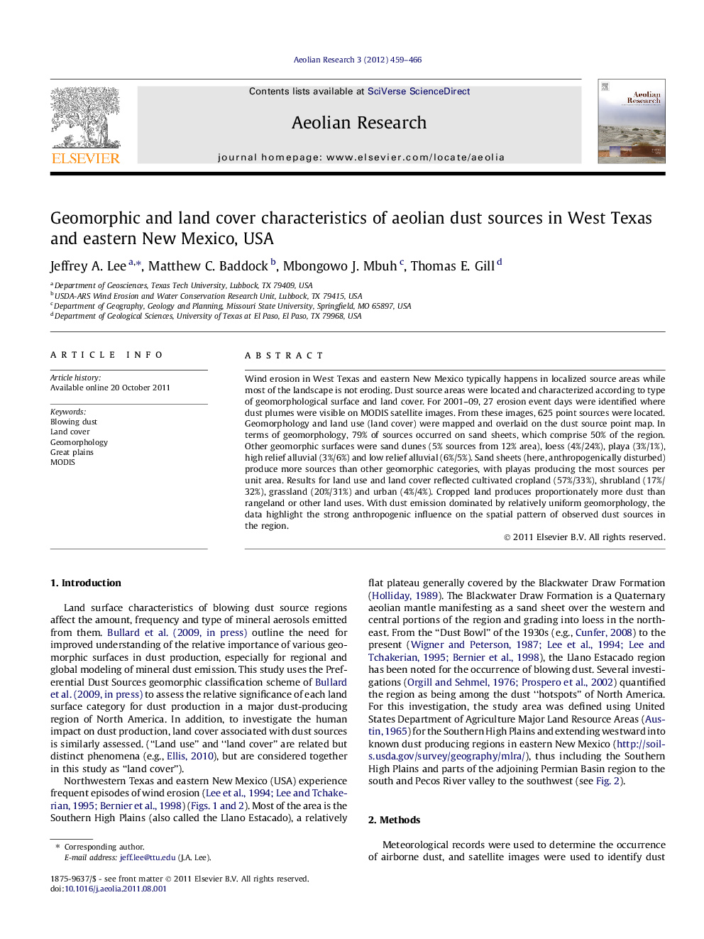 Geomorphic and land cover characteristics of aeolian dust sources in West Texas and eastern New Mexico, USA