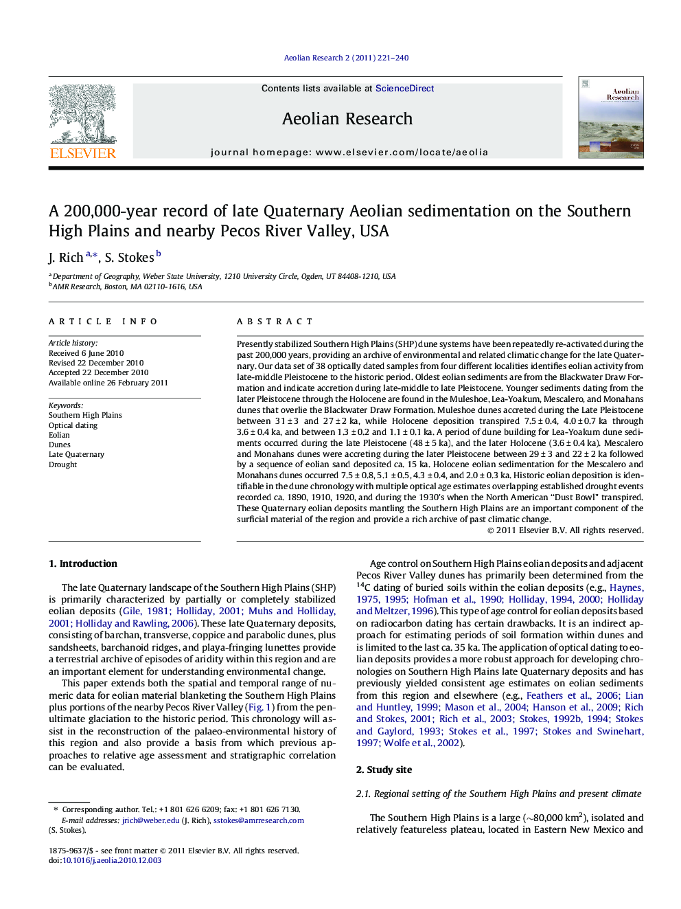 A 200,000-year record of late Quaternary Aeolian sedimentation on the Southern High Plains and nearby Pecos River Valley, USA