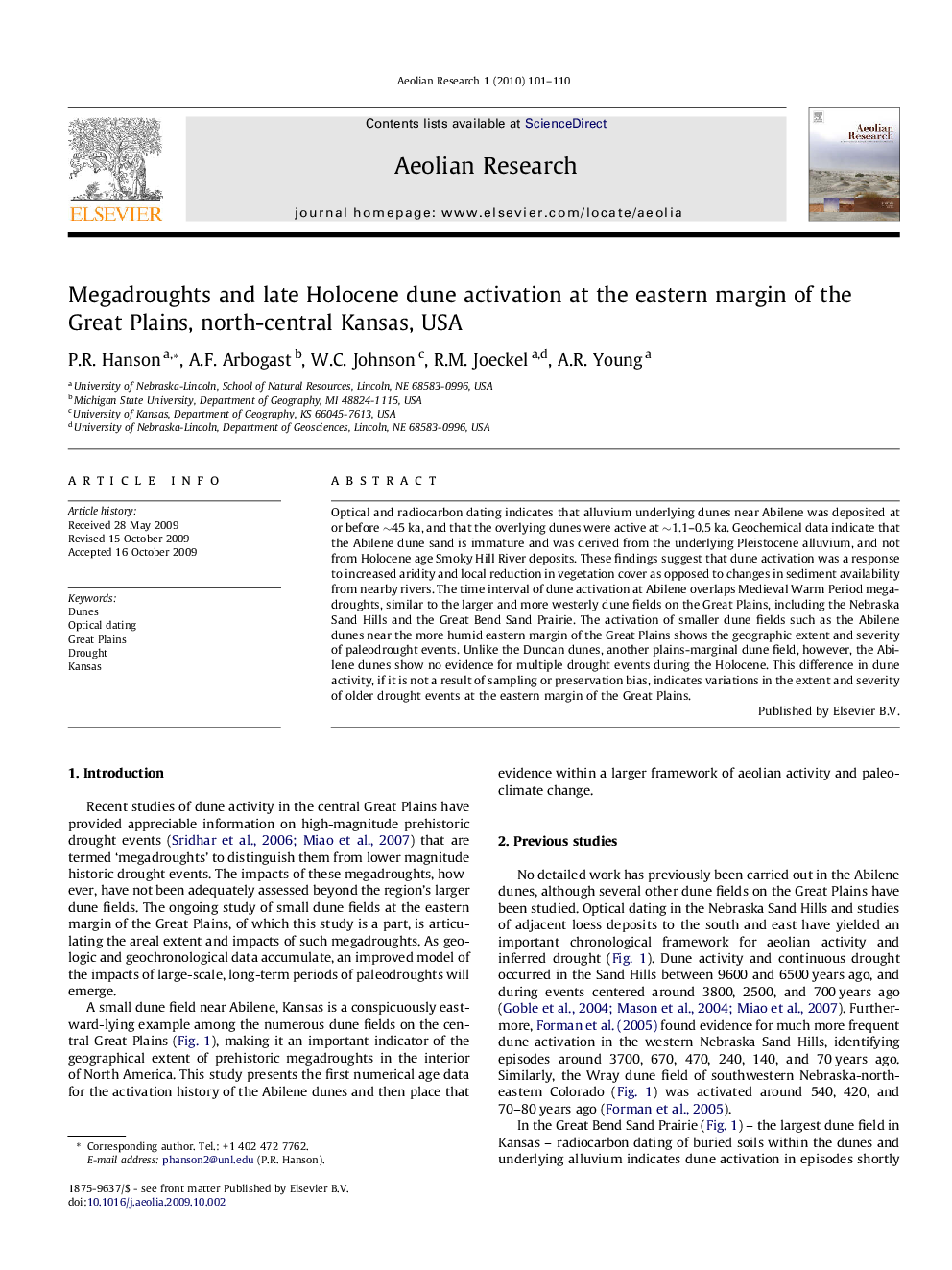 Megadroughts and late Holocene dune activation at the eastern margin of the Great Plains, north-central Kansas, USA