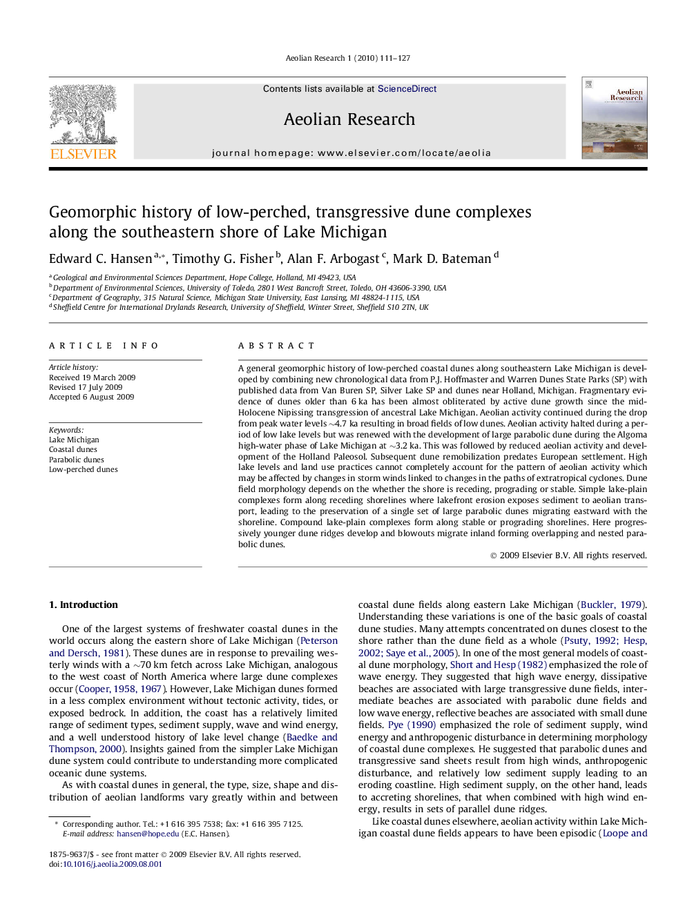 Geomorphic history of low-perched, transgressive dune complexes along the southeastern shore of Lake Michigan