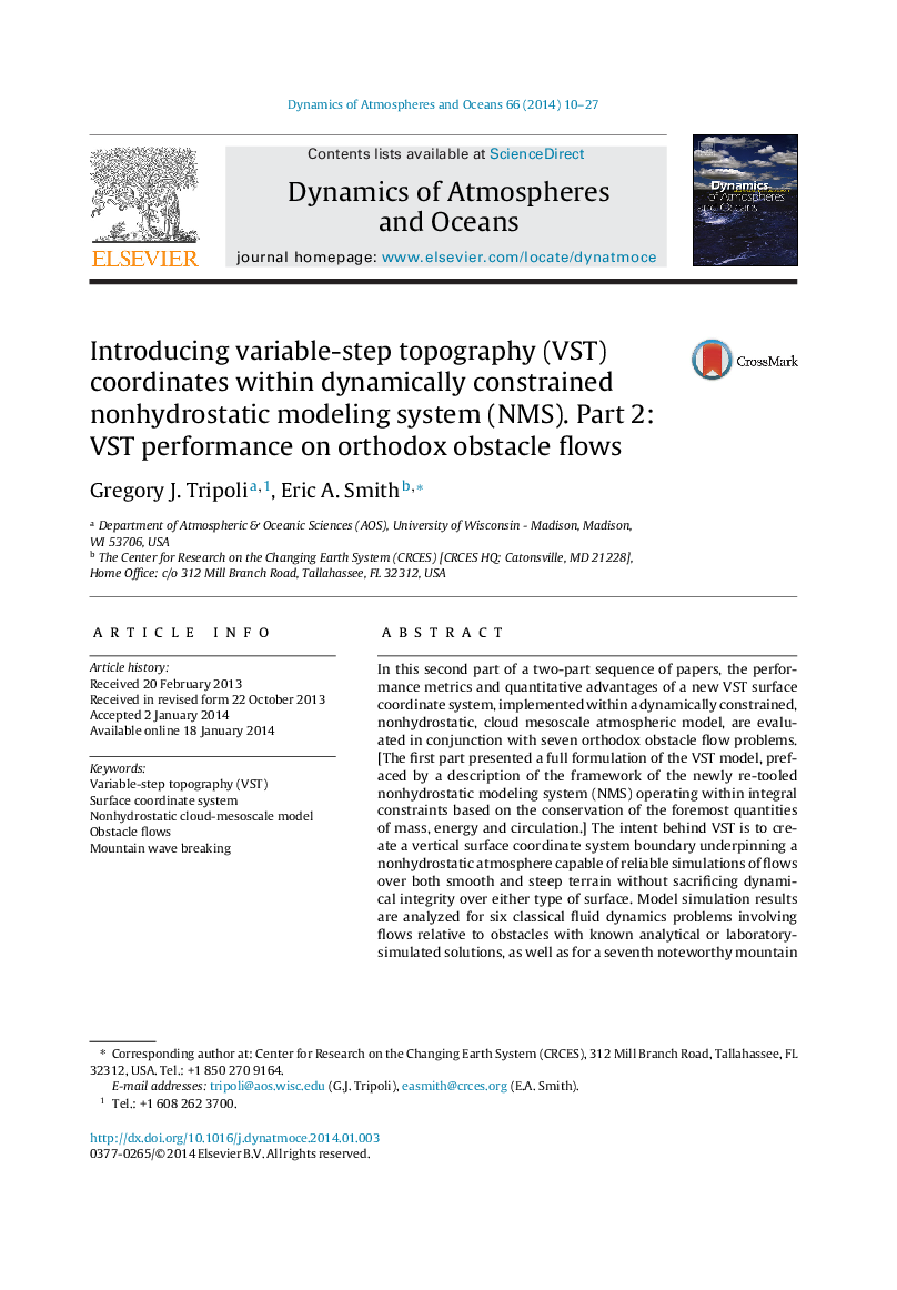 عکس صفحه اول مقاله: Introducing variable-step topography (VST) coordinates within dynamically constrained nonhydrostatic modeling system (NMS). Part 2: VST performance on orthodox obstacle flows Introducing variable-step topography (VST) coordinates within dynamically constrained nonhydrostatic modeling system (NMS). Part 2: VST performance on orthodox obstacle flows