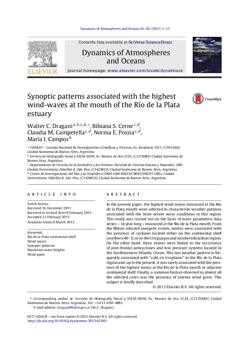 Synoptic patterns associated with the highest wind-waves at the mouth of the RÃ­o de la Plata estuary