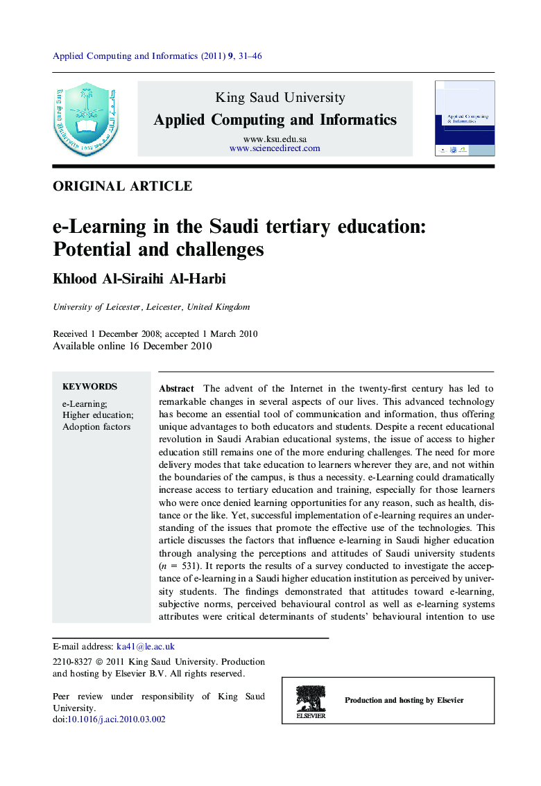 e-Learning in the Saudi tertiary education: Potential and challenges