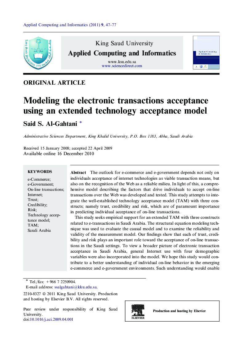 Modeling the electronic transactions acceptance using an extended technology acceptance model