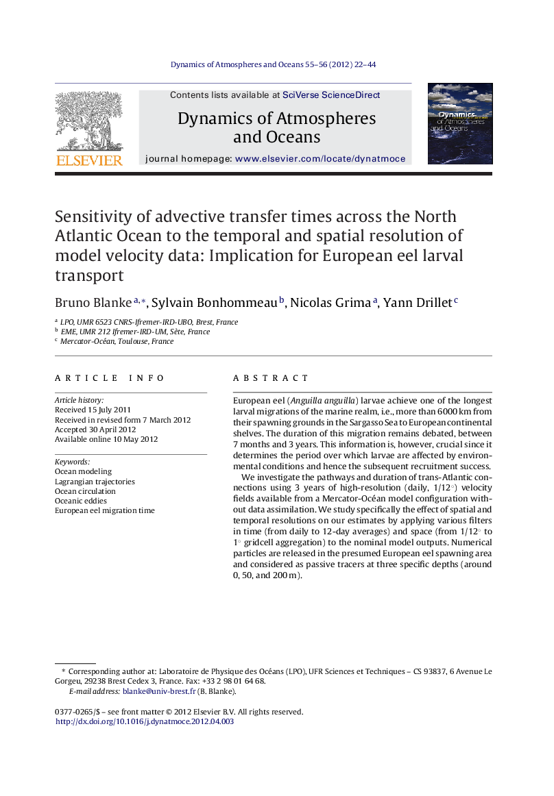 Sensitivity of advective transfer times across the North Atlantic Ocean to the temporal and spatial resolution of model velocity data: Implication for European eel larval transport