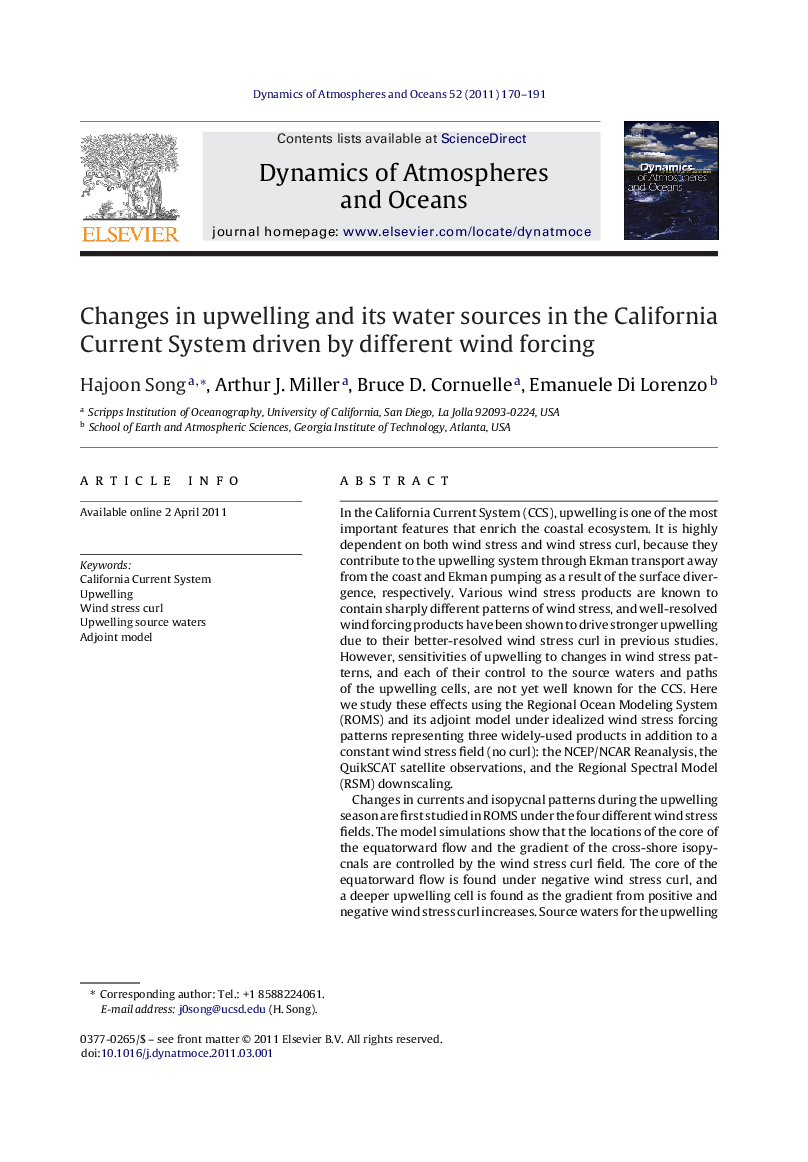 Changes in upwelling and its water sources in the California Current System driven by different wind forcing