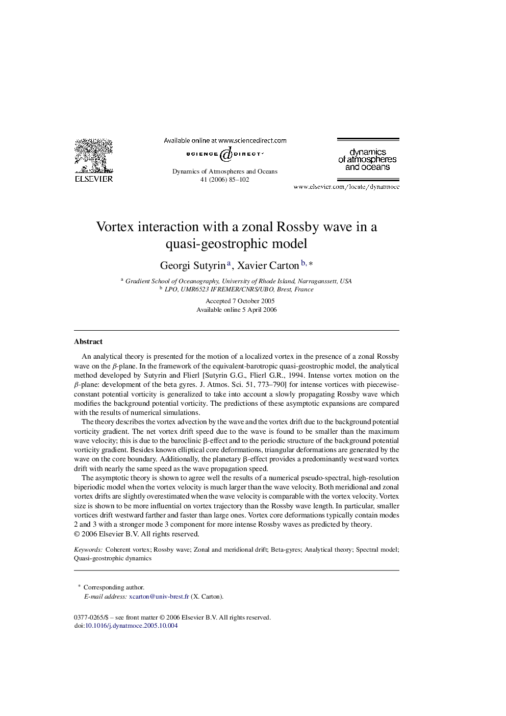 Vortex interaction with a zonal Rossby wave in a quasi-geostrophic model