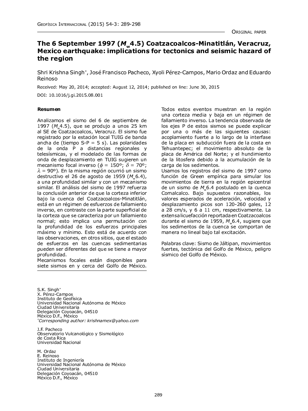 The 6 September 1997 (Mw4.5) Coatzacoalcos-Minatitlán, Veracruz, Mexico earthquake: implications for tectonics and seismic hazard of the region