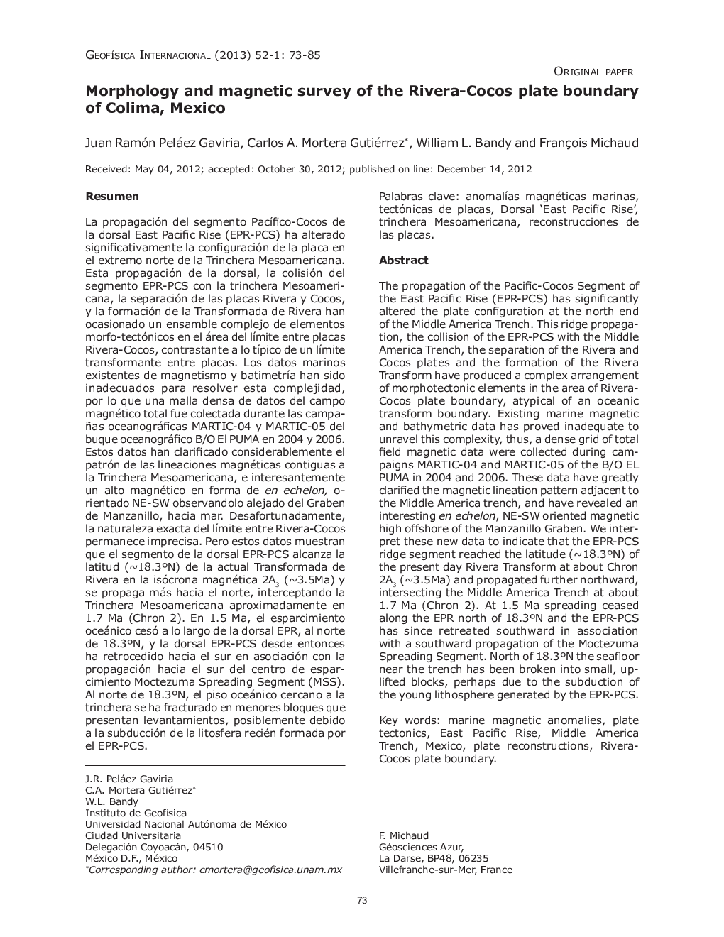 Morphology and magnetic survey of the Rivera-Cocos plate boundary of Colima, Mexico