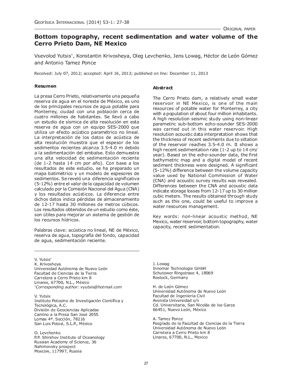 Bottom topography, recent sedimentation and water volume of the Cerro Prieto Dam, NE Mexico