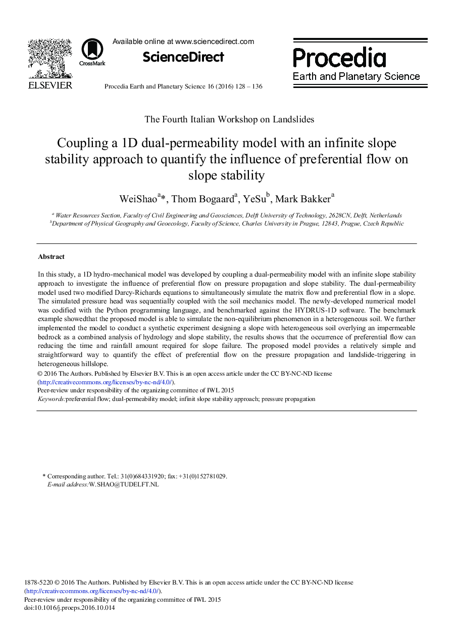 Coupling a 1D Dual-permeability Model with an Infinite Slope Stability Approach to Quantify the Influence of Preferential Flow on Slope Stability 