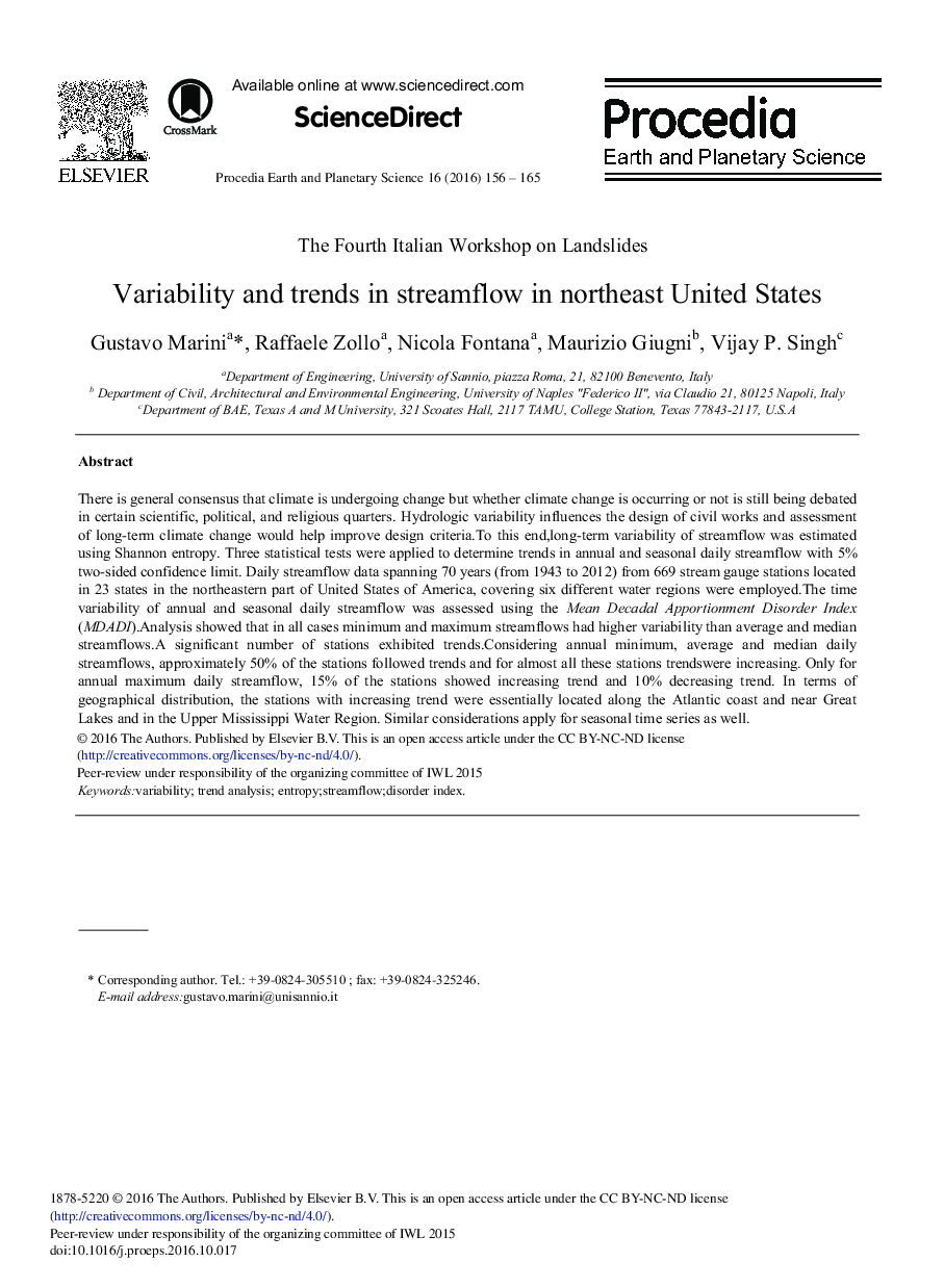 Variability and Trends in Streamflow in Northeast United States 