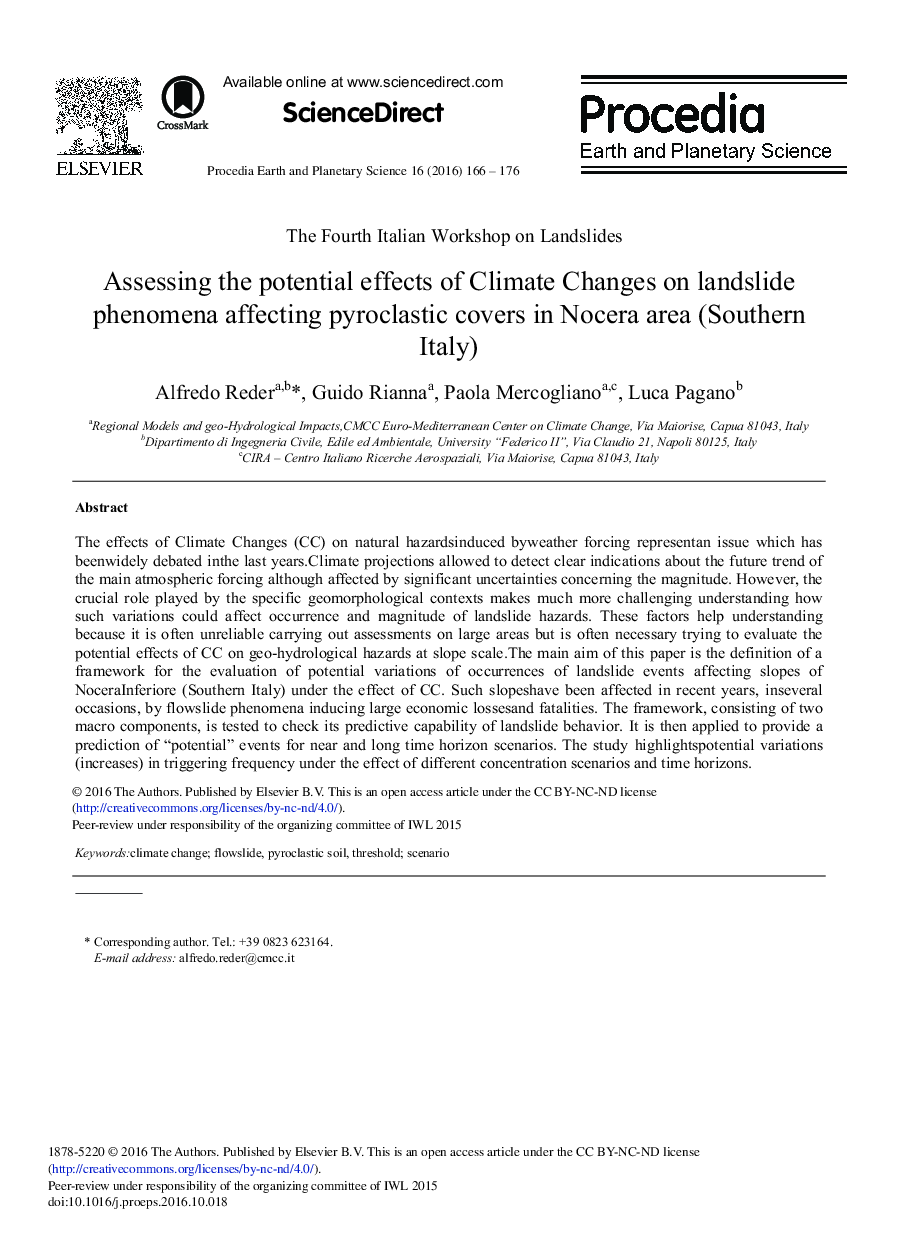 ارزیابی اثرات بالقوه تغییرات آب و هوایی بر پدیده های رانش زمین که بر روی پوشش های پری کلاستیکی در ناحیه نکهرا (جنوب ایتالیا) تاثیر می گذارد