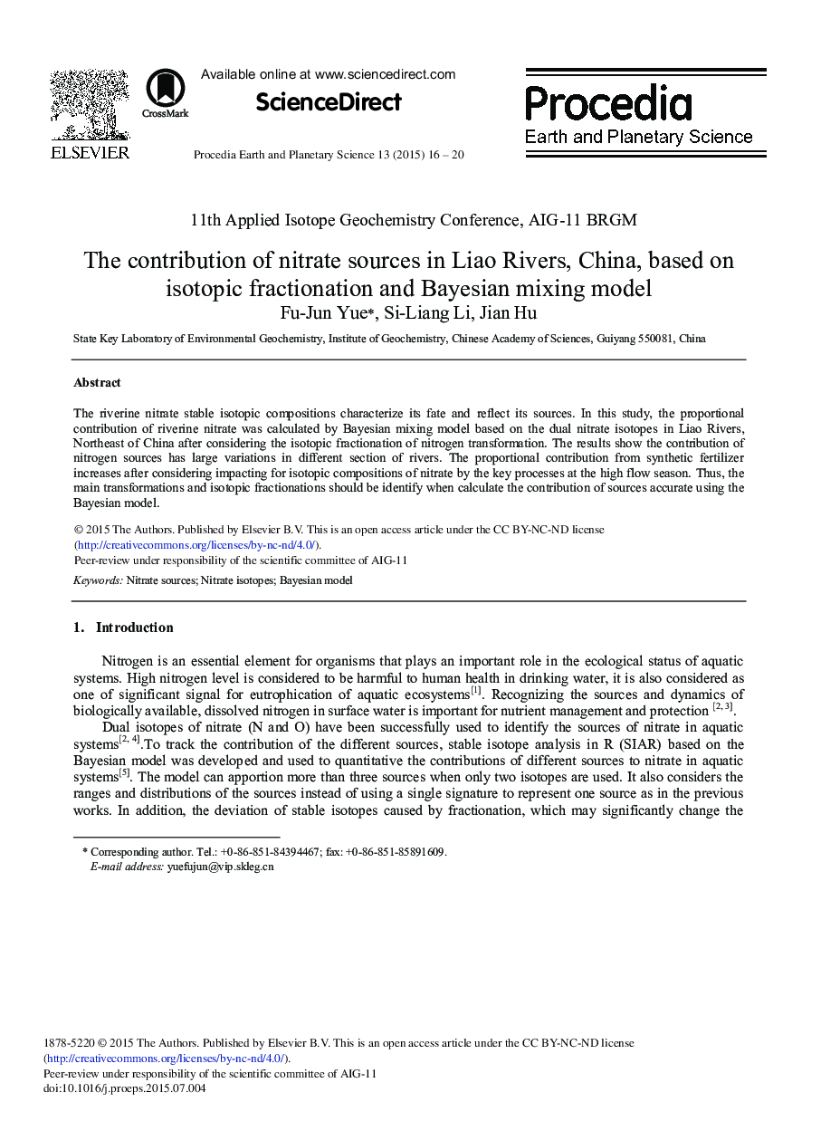 The Contribution of Nitrate Sources in Liao Rivers, China, Based on Isotopic Fractionation and Bayesian Mixing Model 