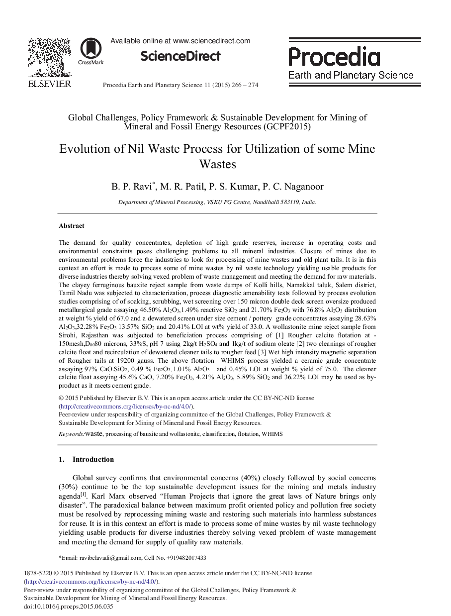 Evolution of Nil Waste Process for Utilization of some Mine Wastes 