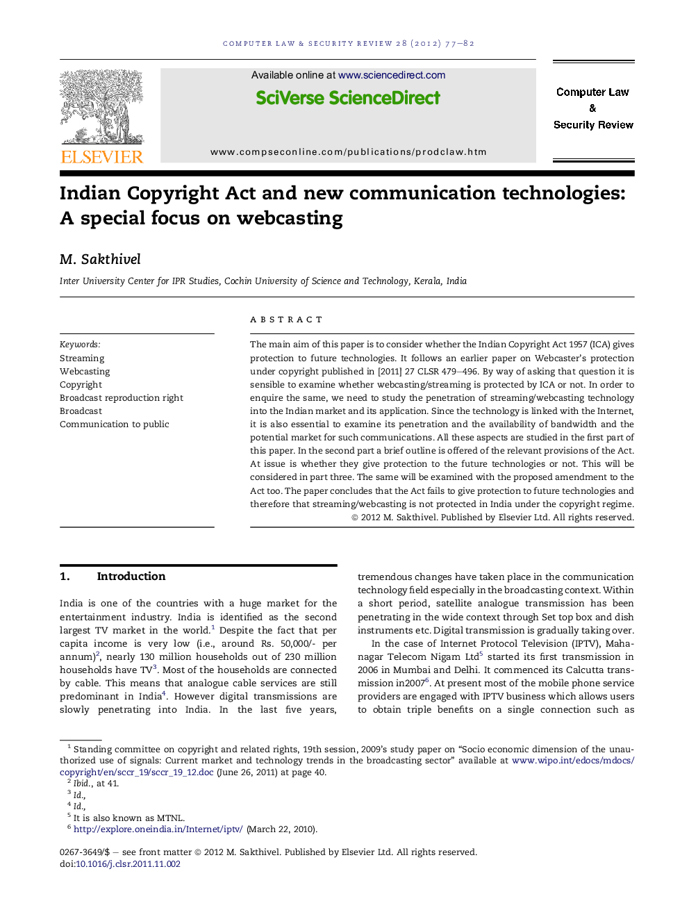 Indian Copyright Act and new communication technologies: A special focus on webcasting