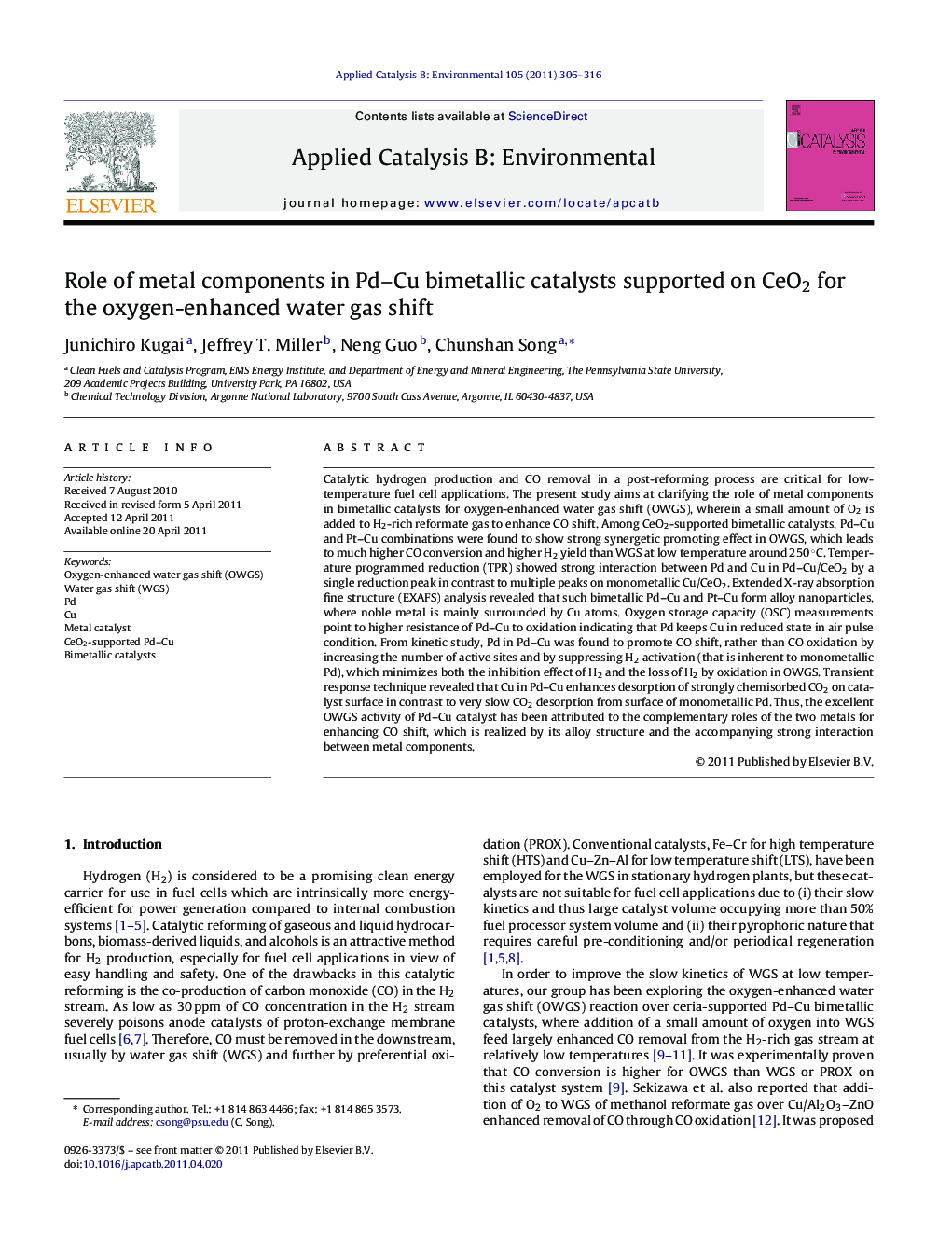 Role of metal components in Pd–Cu bimetallic catalysts supported on CeO2 for the oxygen-enhanced water gas shift