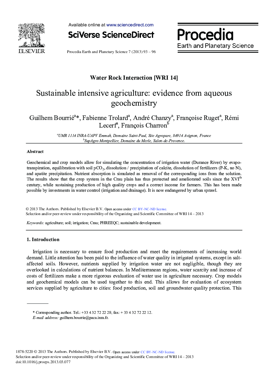 Sustainable Intensive Agriculture: Evidence from Aqueous Geochemistry 