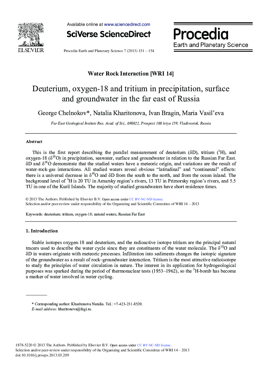 Deuterium, Oxygen-18 and Tritium in Precipitation, Surface and Groundwater in the Far East of Russia