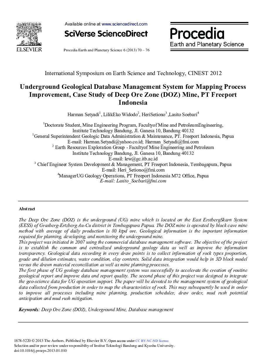 Underground Geological Database Management System for Mapping Process Improvement, Case Study of Deep Ore Zone (DOZ) Mine, PT Freeport Indonesia 