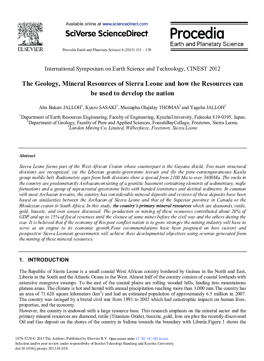 The Geology, Mineral Resources of Sierra Leone and how the Resources can be Used to Develop the Nation 