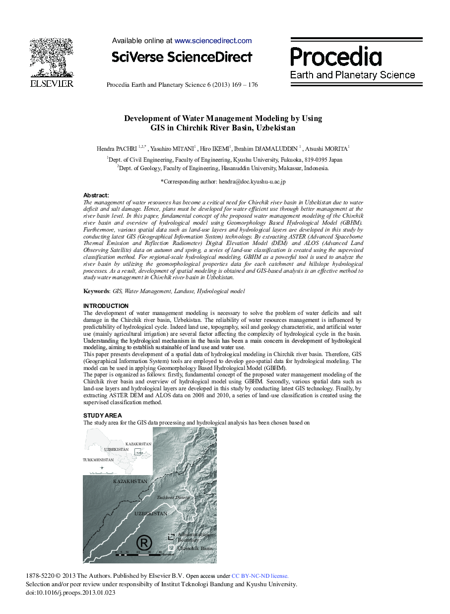 Development of Water Management Modeling by using GIS in Chirchik River Basin, Uzbekistan 