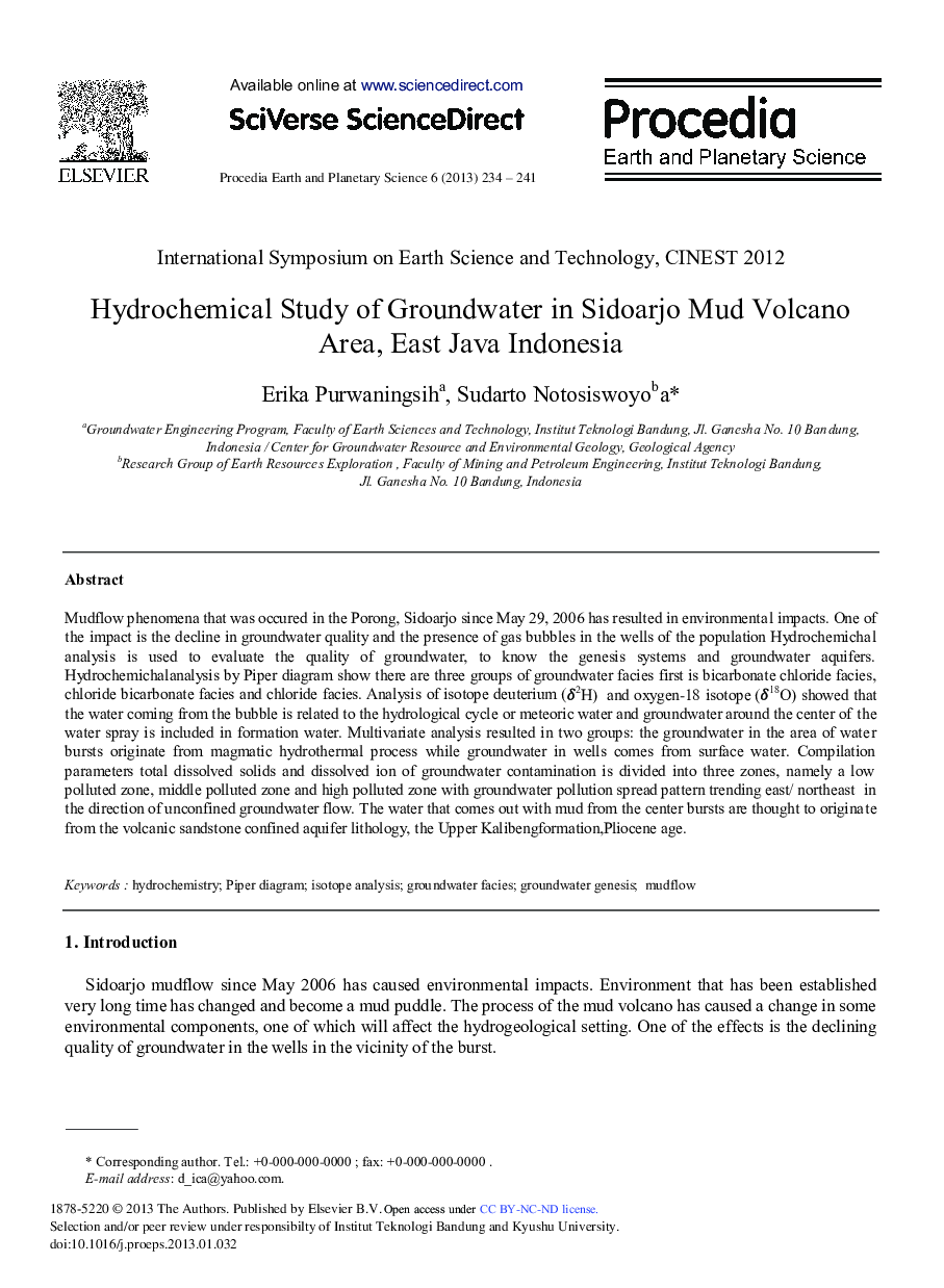 Hydrochemical Study of Groundwater in Sidoarjo Mud Volcano Area, East Java Indonesia 