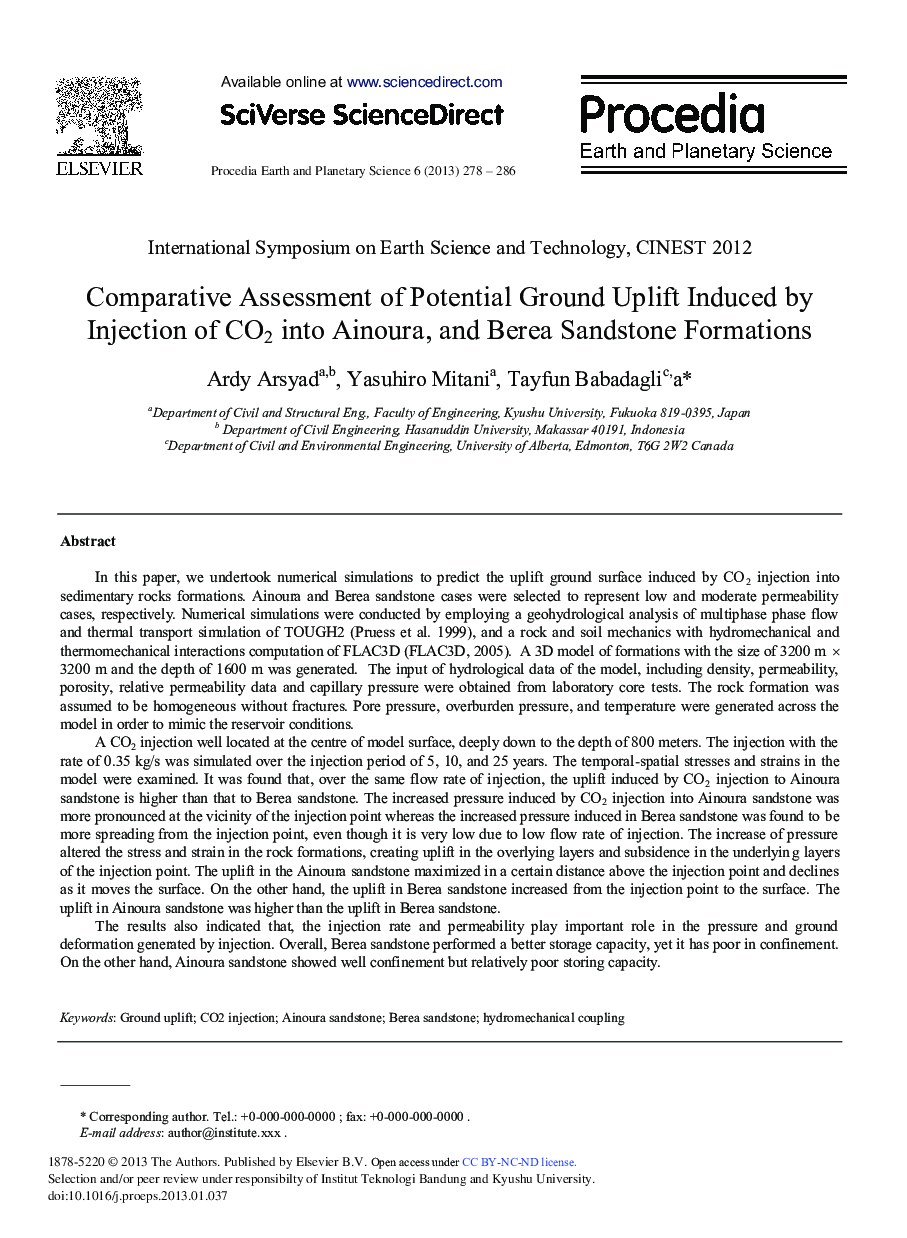 Comparative Assessment of Potential Ground Uplift Induced by Injection of CO2 into Ainoura, and Berea Sandstone Formations 