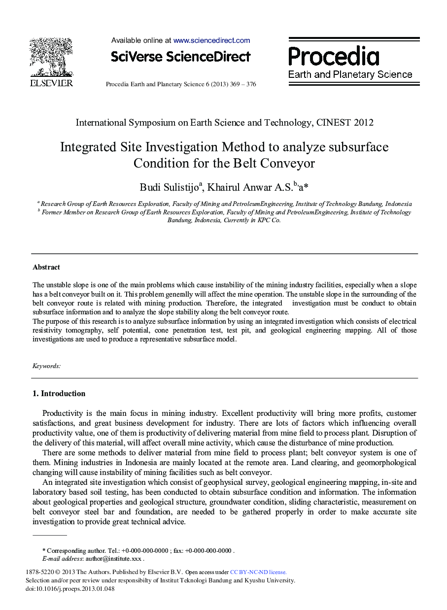 Integrated Site Investigation Method to Analyze Subsurface Condition for the Belt Conveyor 