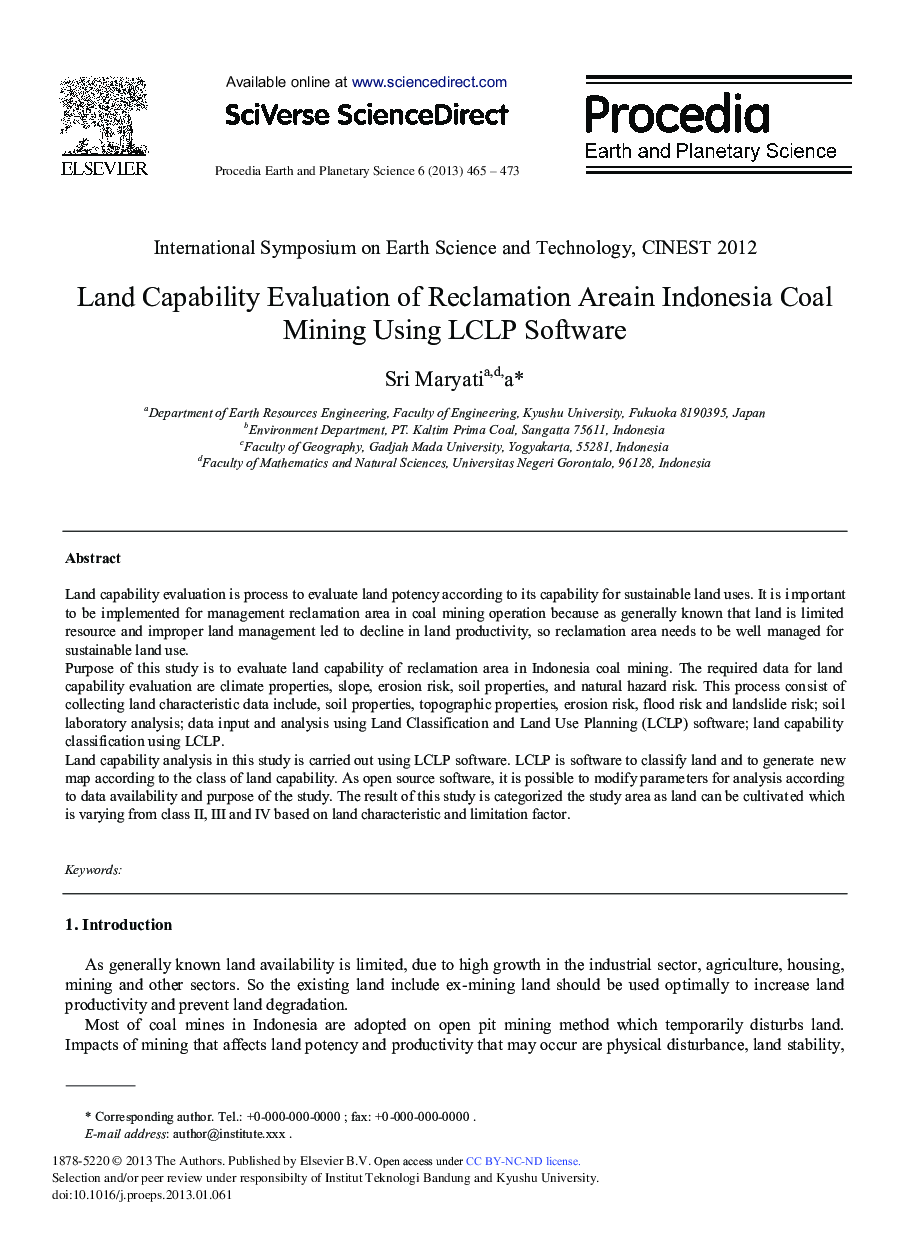 Land Capability Evaluation of Reclamation Areain Indonesia Coal Mining using LCLP Software 
