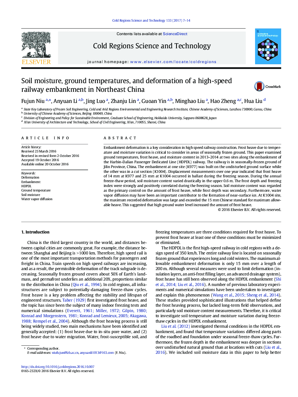 Soil moisture, ground temperatures, and deformation of a high-speed railway embankment in Northeast China