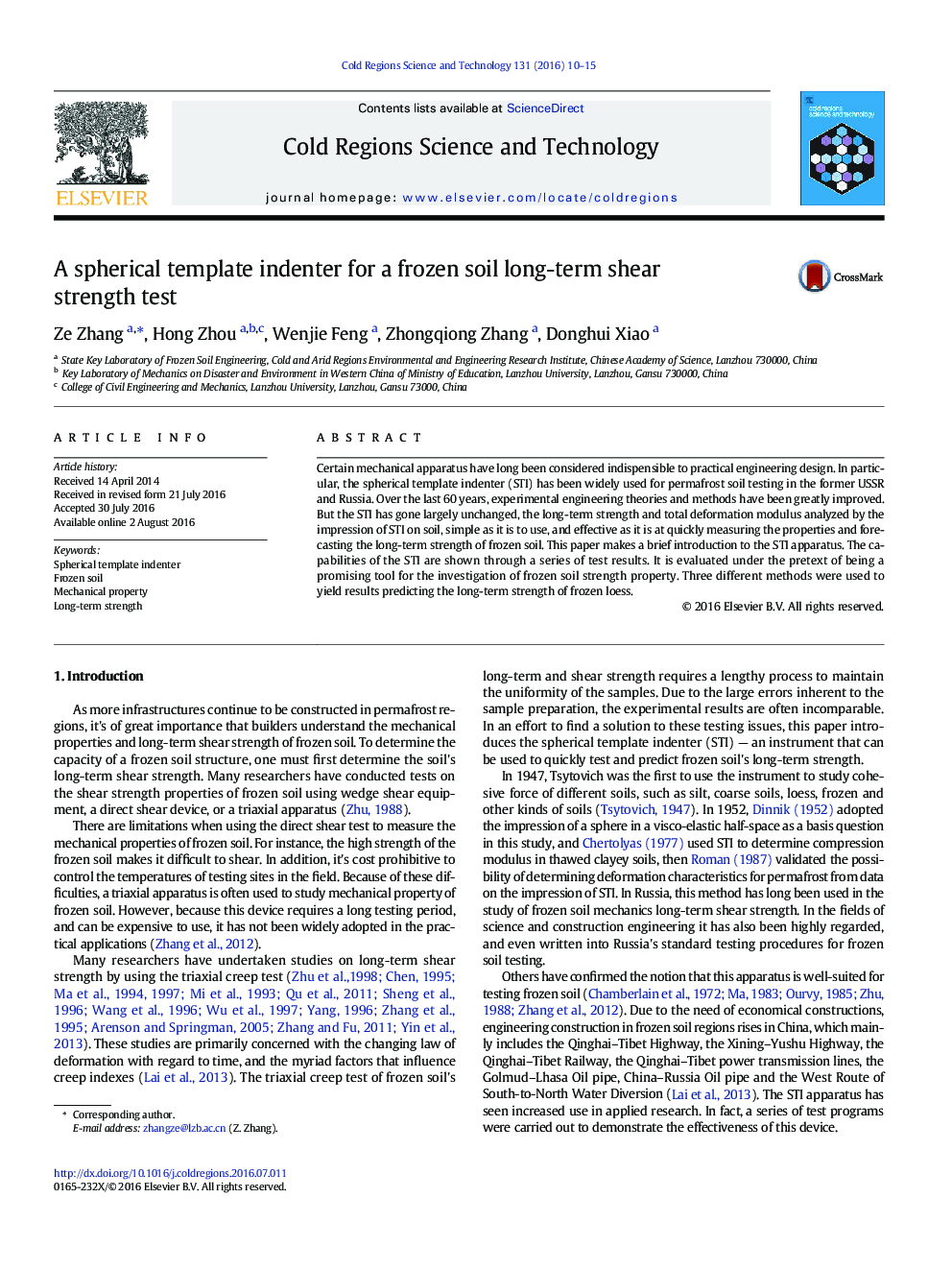 A spherical template indenter for a frozen soil long-term shear strength test