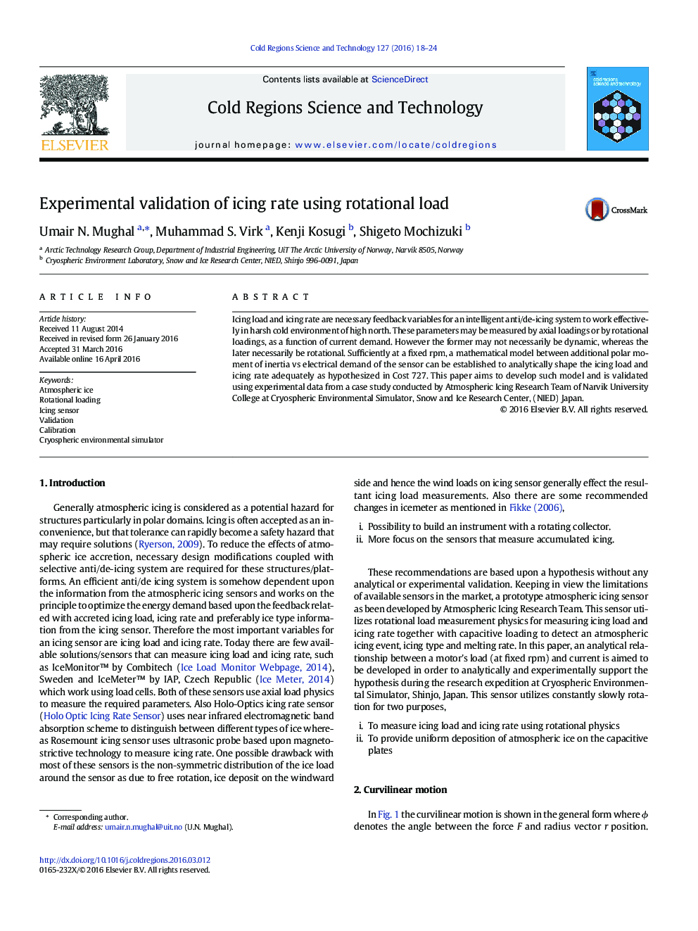 Experimental validation of icing rate using rotational load
