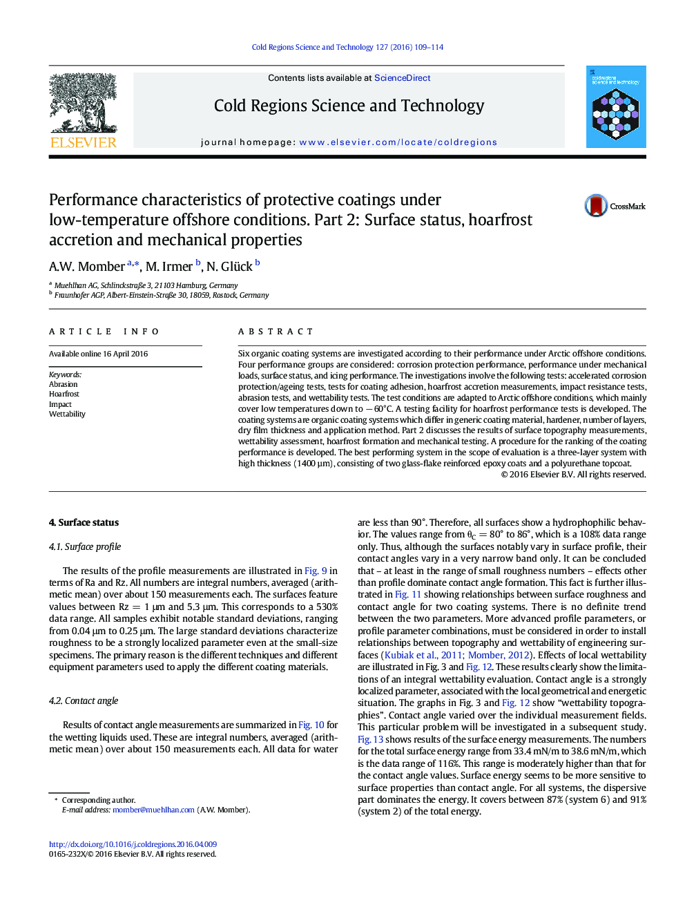 Performance characteristics of protective coatings under low-temperature offshore conditions. Part 2: Surface status, hoarfrost accretion and mechanical properties