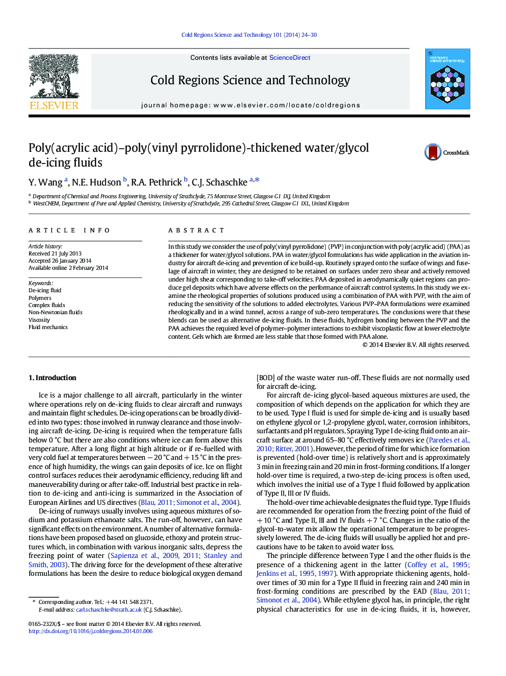 Poly(acrylic acid)–poly(vinyl pyrrolidone)-thickened water/glycol de-icing fluids