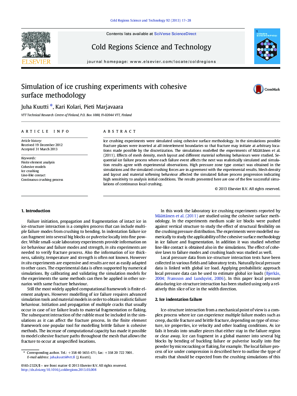 Simulation of ice crushing experiments with cohesive surface methodology