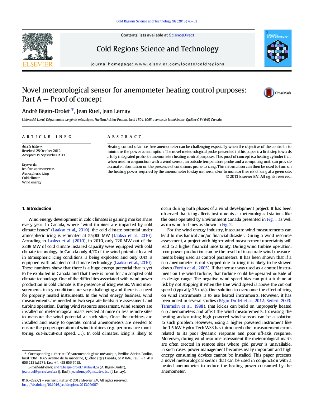 Novel meteorological sensor for anemometer heating control purposes: Part A — Proof of concept