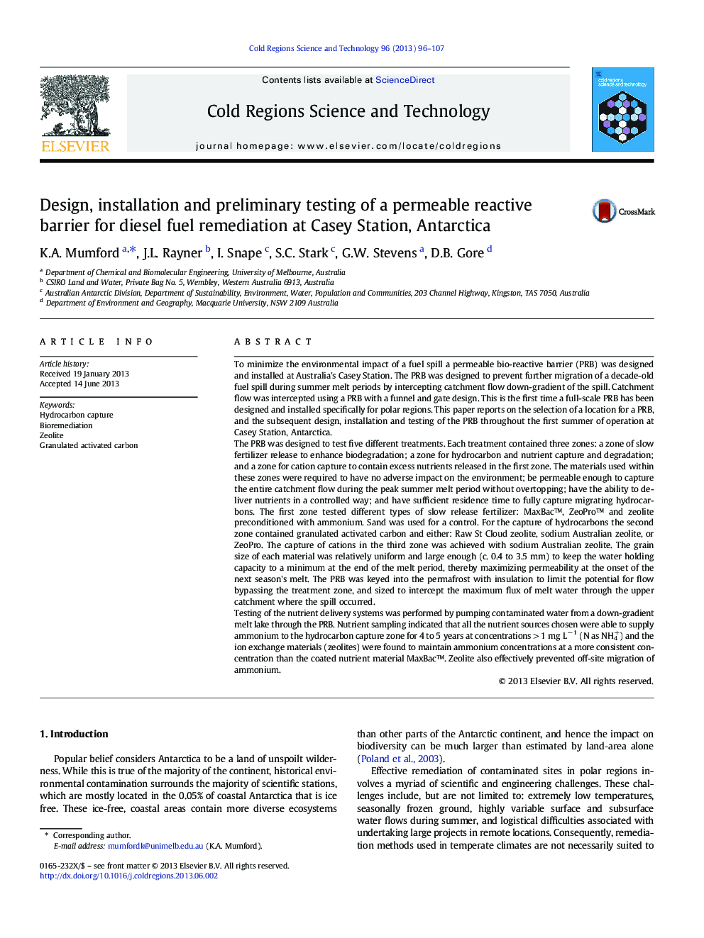 Design, installation and preliminary testing of a permeable reactive barrier for diesel fuel remediation at Casey Station, Antarctica