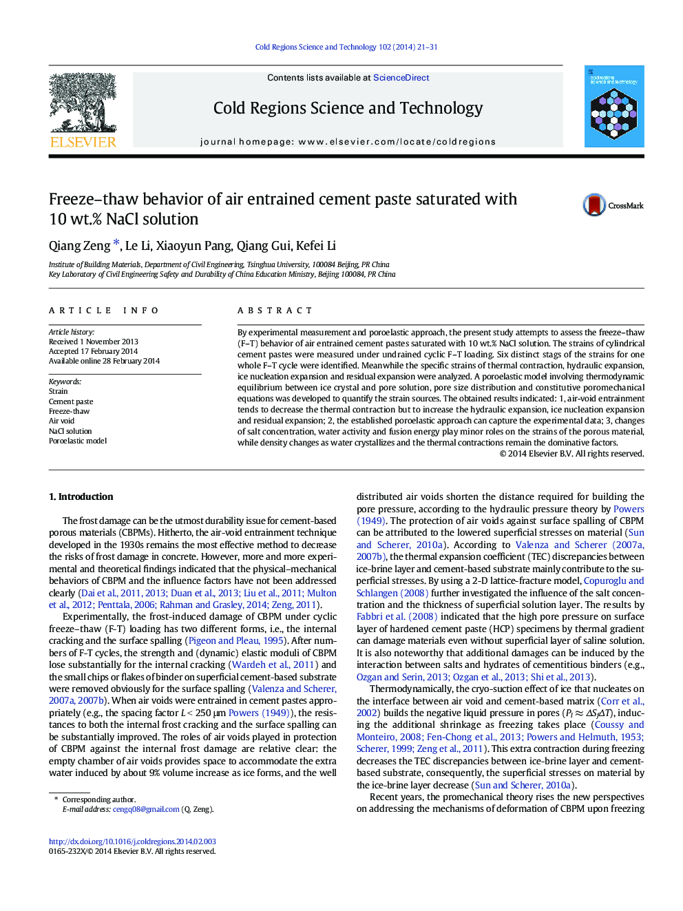 Freeze–thaw behavior of air entrained cement paste saturated with 10 wt.% NaCl solution