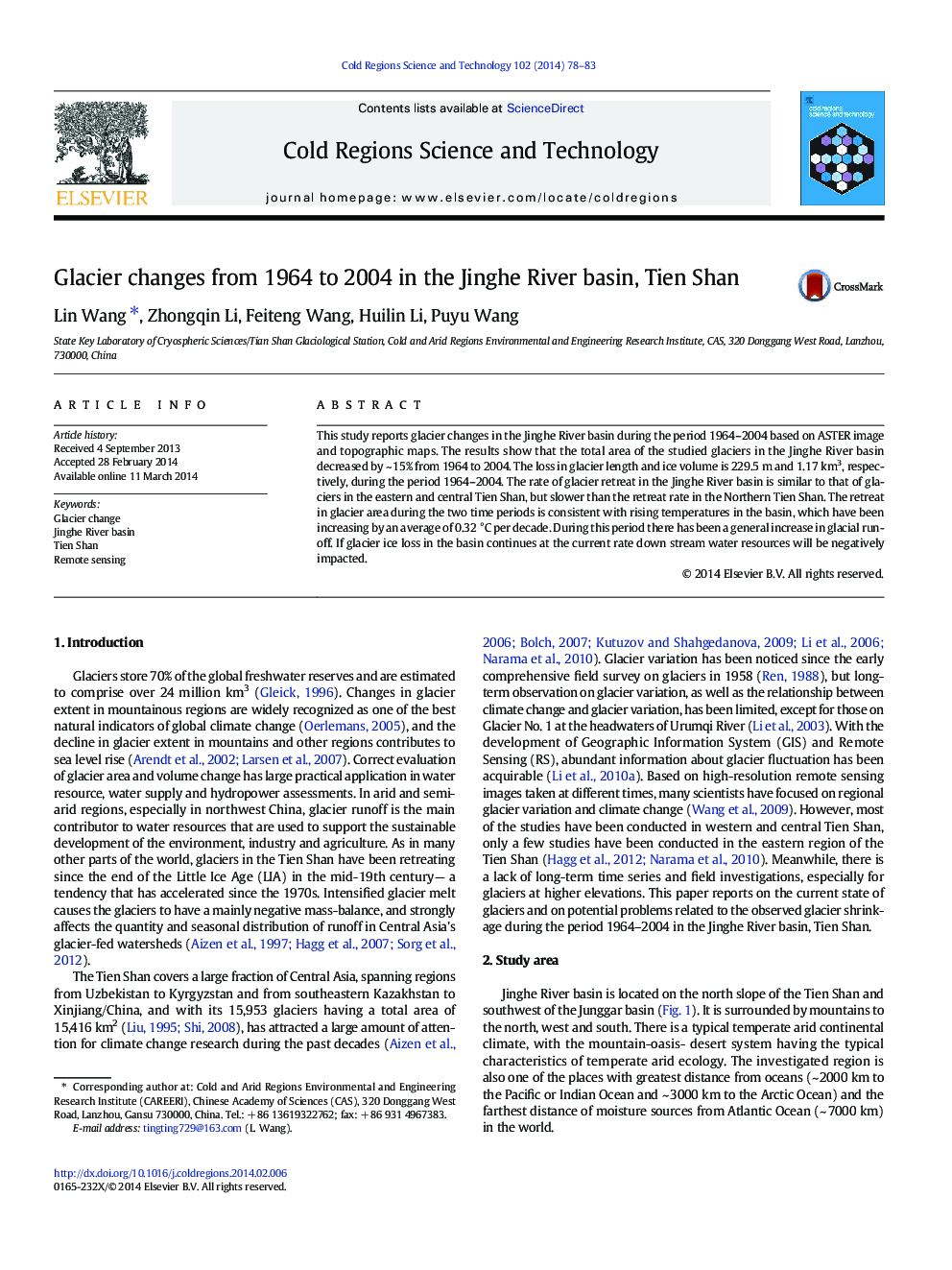 Glacier changes from 1964 to 2004 in the Jinghe River basin, Tien Shan