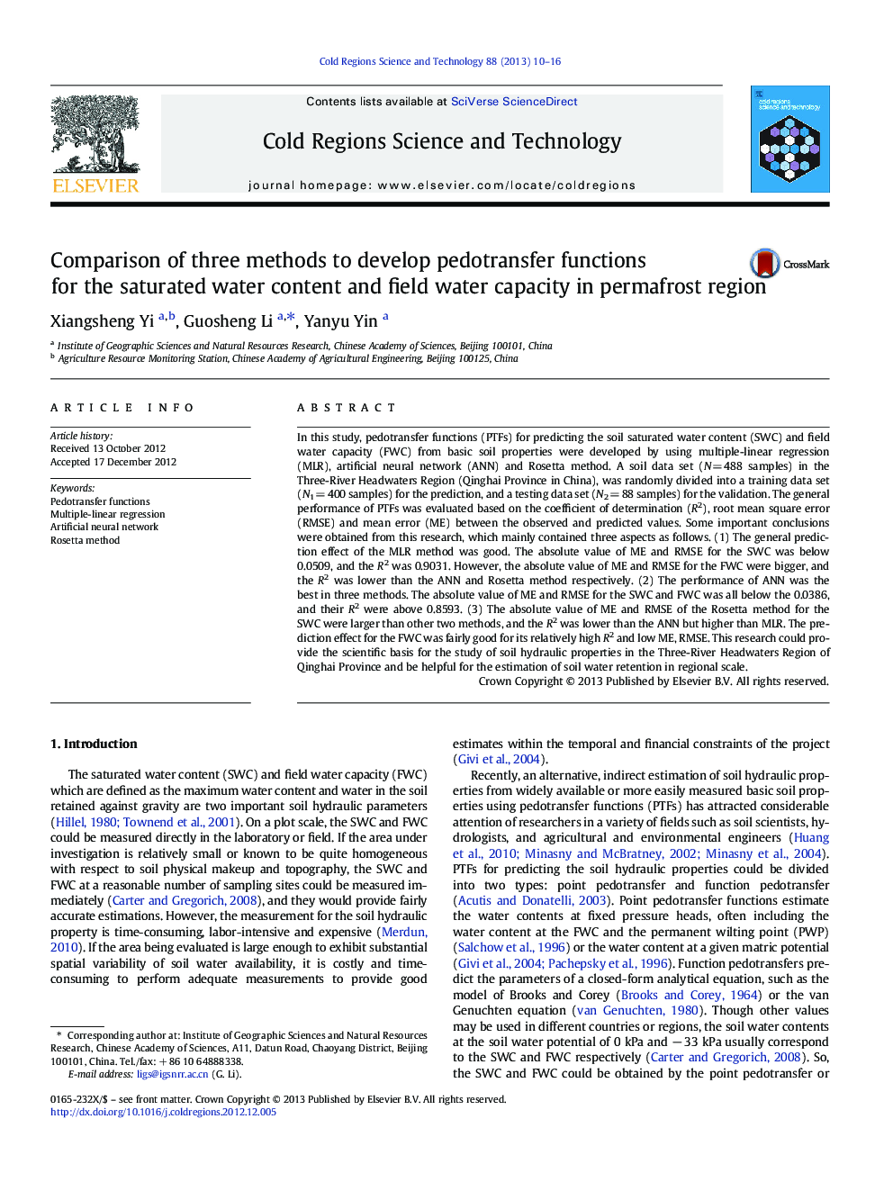 Comparison of three methods to develop pedotransfer functions for the saturated water content and field water capacity in permafrost region