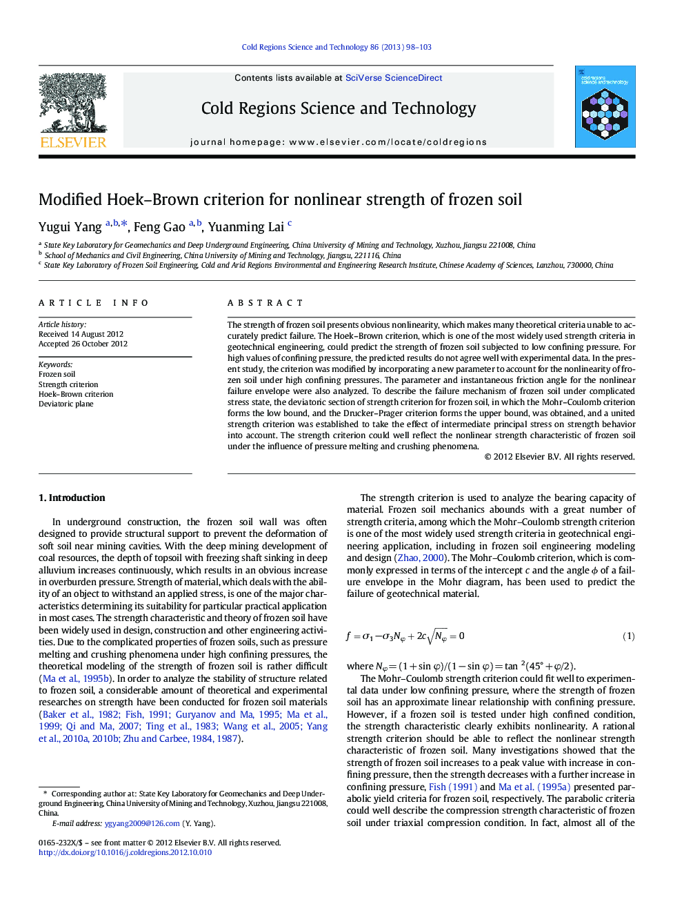 Modified Hoek–Brown criterion for nonlinear strength of frozen soil