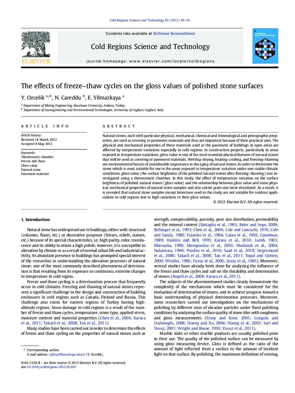 The effects of freeze–thaw cycles on the gloss values of polished stone surfaces