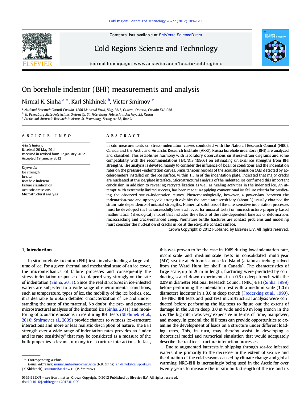 On borehole indentor (BHI) measurements and analysis