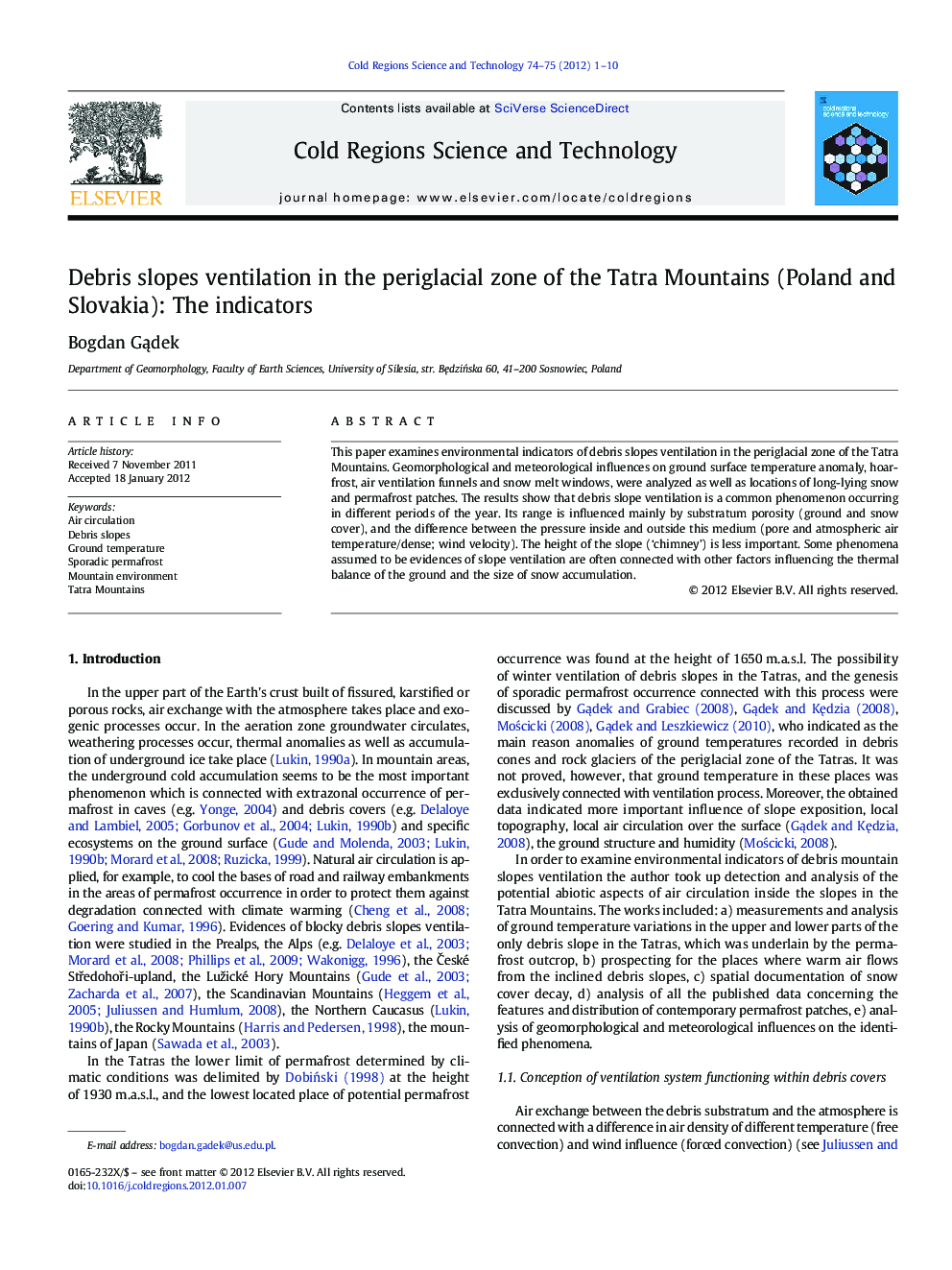 Debris slopes ventilation in the periglacial zone of the Tatra Mountains (Poland and Slovakia): The indicators