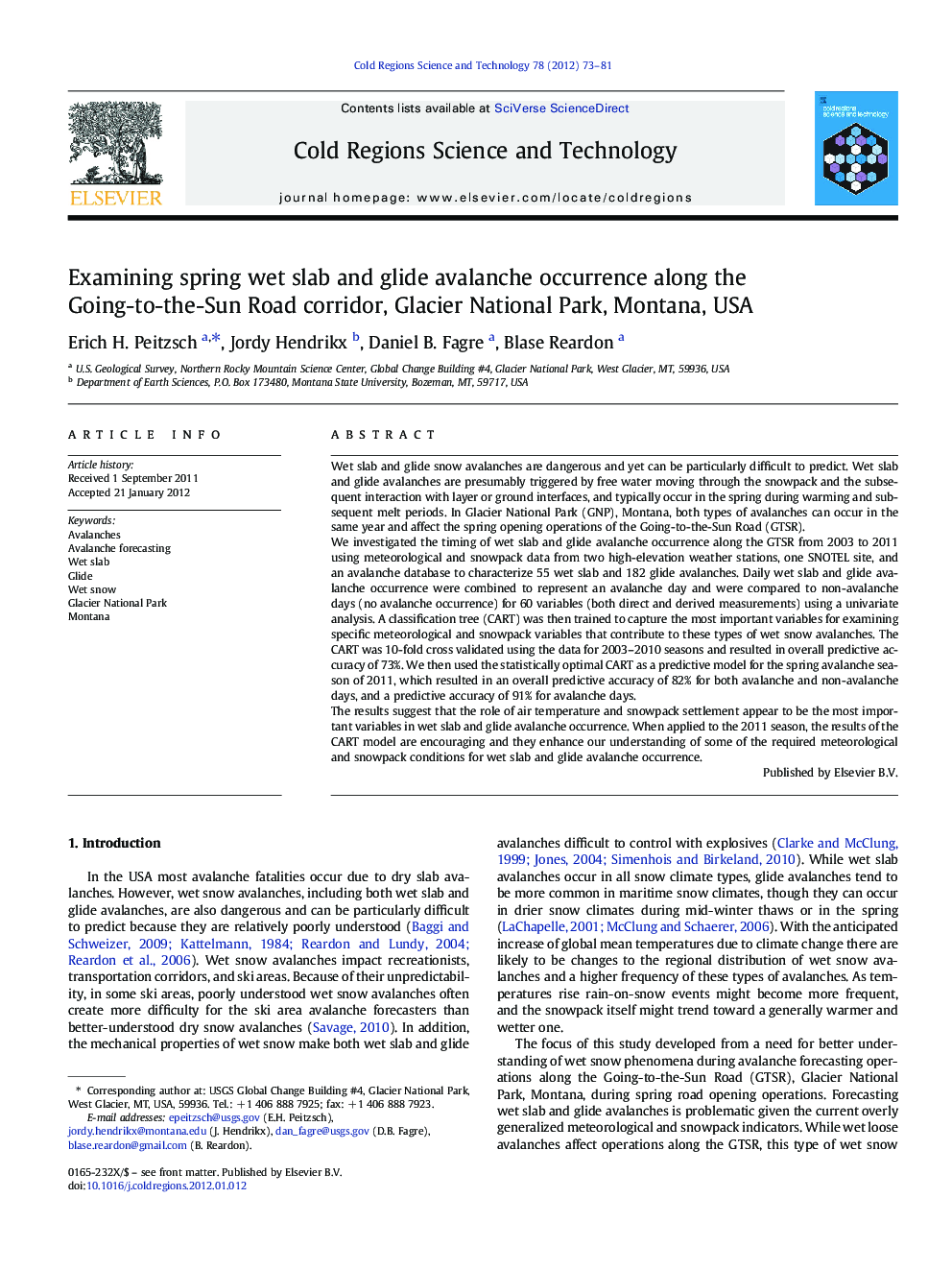 Examining spring wet slab and glide avalanche occurrence along the Going-to-the-Sun Road corridor, Glacier National Park, Montana, USA