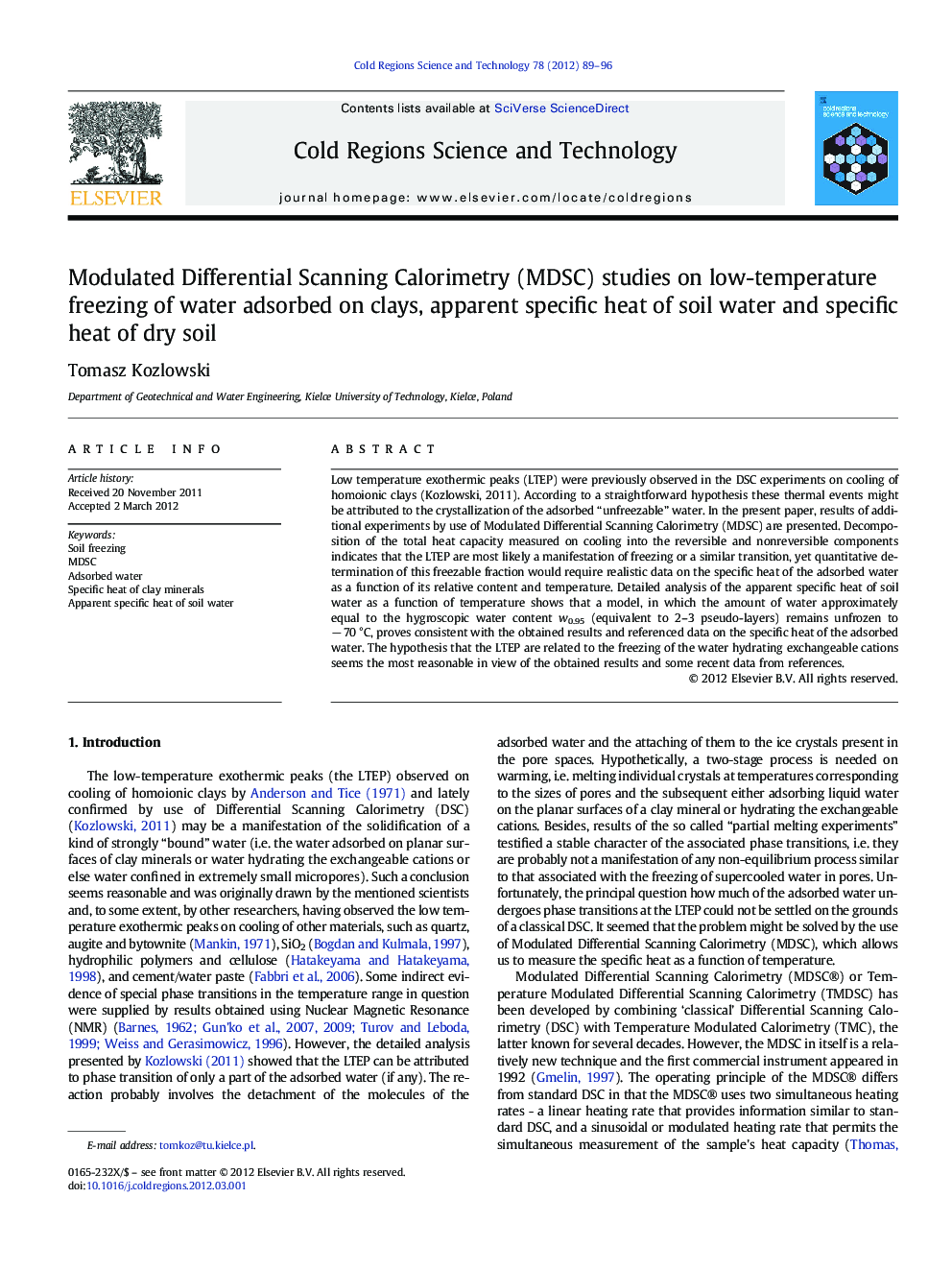 Modulated Differential Scanning Calorimetry (MDSC) studies on low-temperature freezing of water adsorbed on clays, apparent specific heat of soil water and specific heat of dry soil