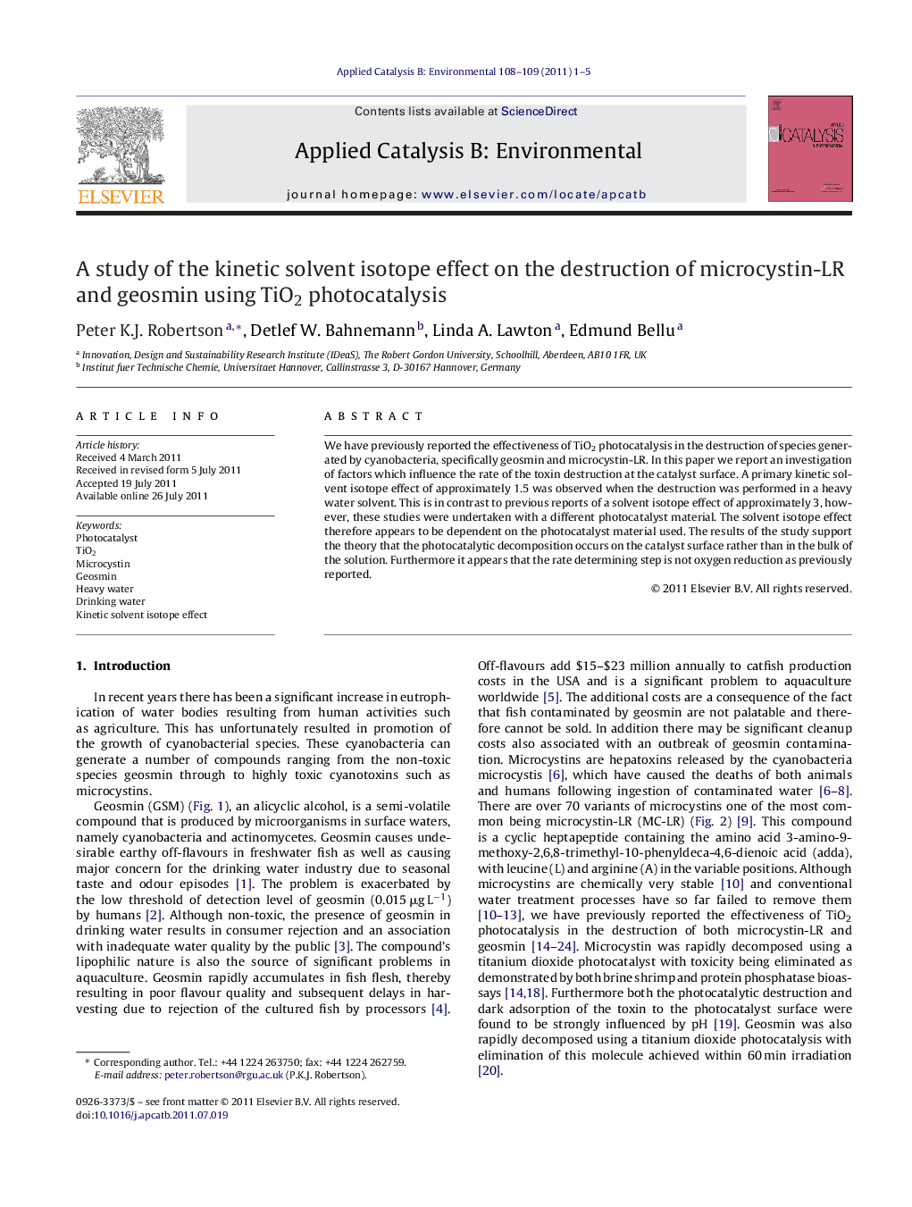 A study of the kinetic solvent isotope effect on the destruction of microcystin-LR and geosmin using TiO2 photocatalysis