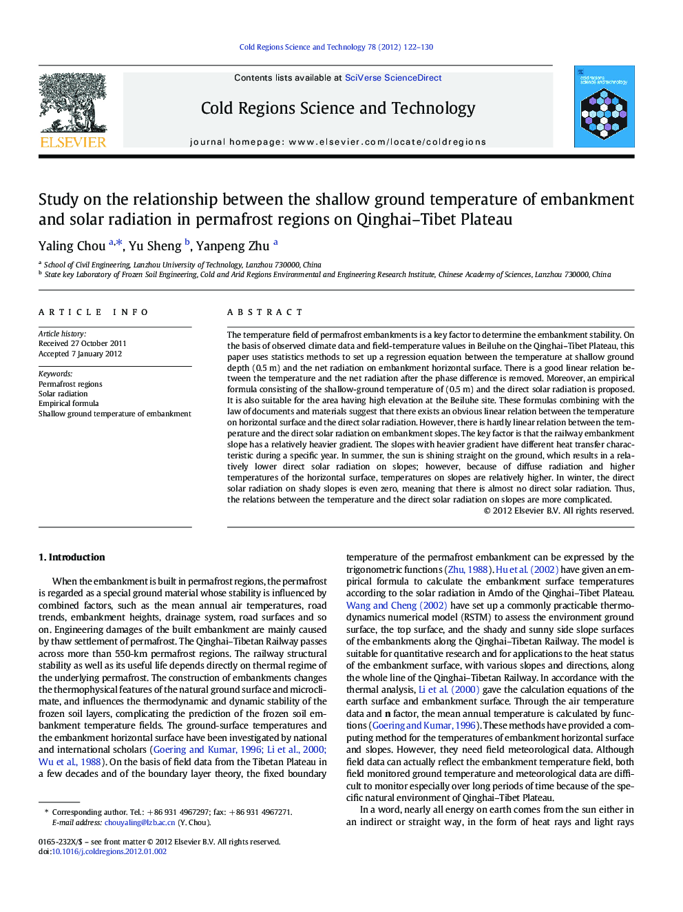 Study on the relationship between the shallow ground temperature of embankment and solar radiation in permafrost regions on Qinghai–Tibet Plateau